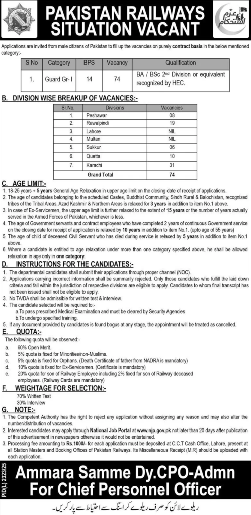 Pakistan Railways Jobs 2026 – Guard Gr-I (BPS-14) | Apply Online via NJP 1 Pakistan Railways Jobs 2026 – (BPS-14) Apply Online 74 Vacancies